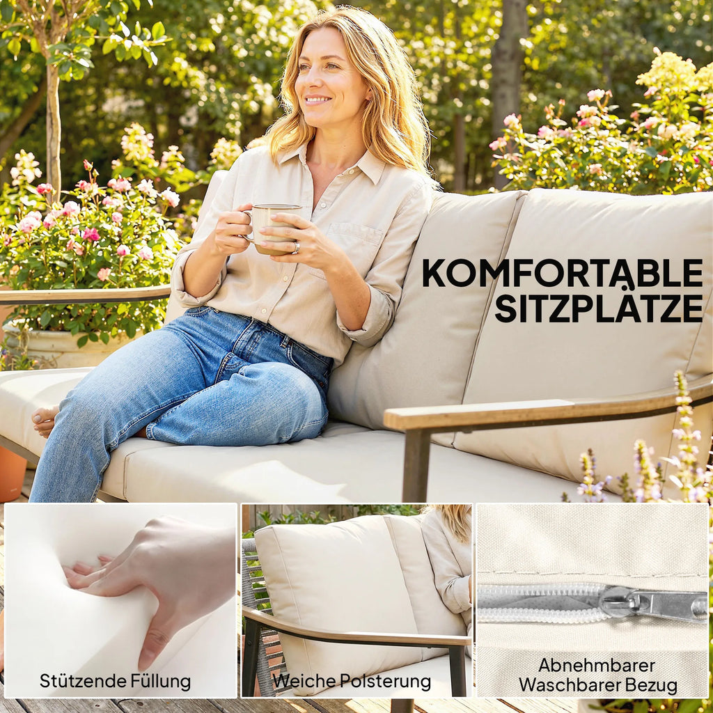 Sodo sofa trivietė, lauko, su porankiais medžio imitacijos, plieniniu rėmu, chaki spalvos