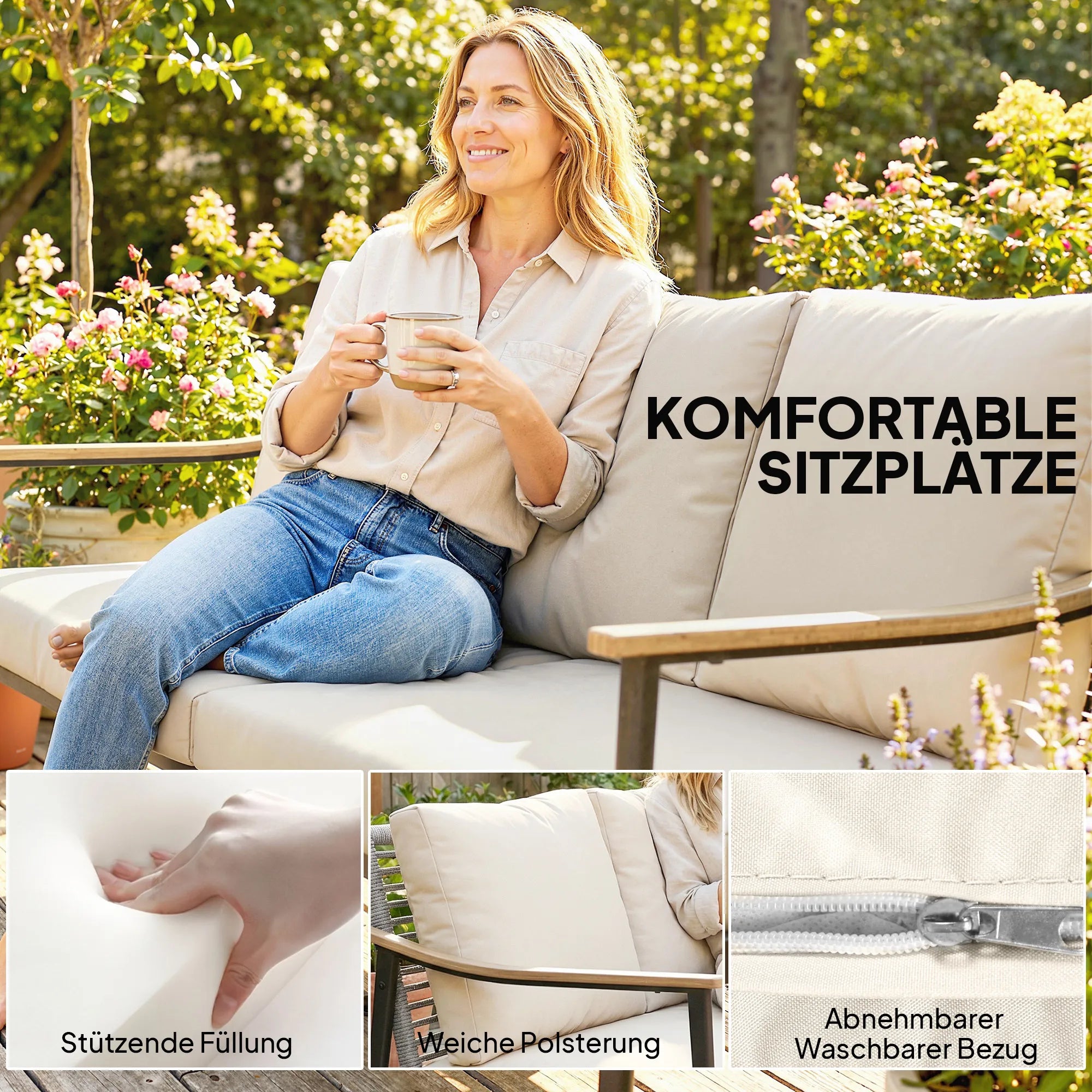 Sodo sofa trivietė, lauko, su porankiais medžio imitacijos, plieniniu rėmu, chaki spalvos
