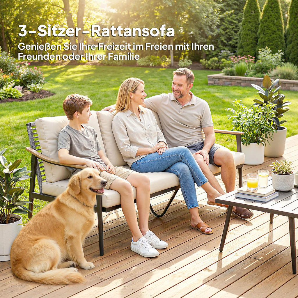 Sodo sofa trivietė, lauko, su porankiais medžio imitacijos, plieniniu rėmu, chaki spalvos