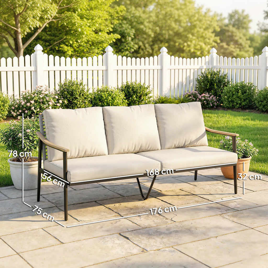 Sodo sofa trivietė, lauko, su porankiais medžio imitacijos, plieniniu rėmu, chaki spalvos