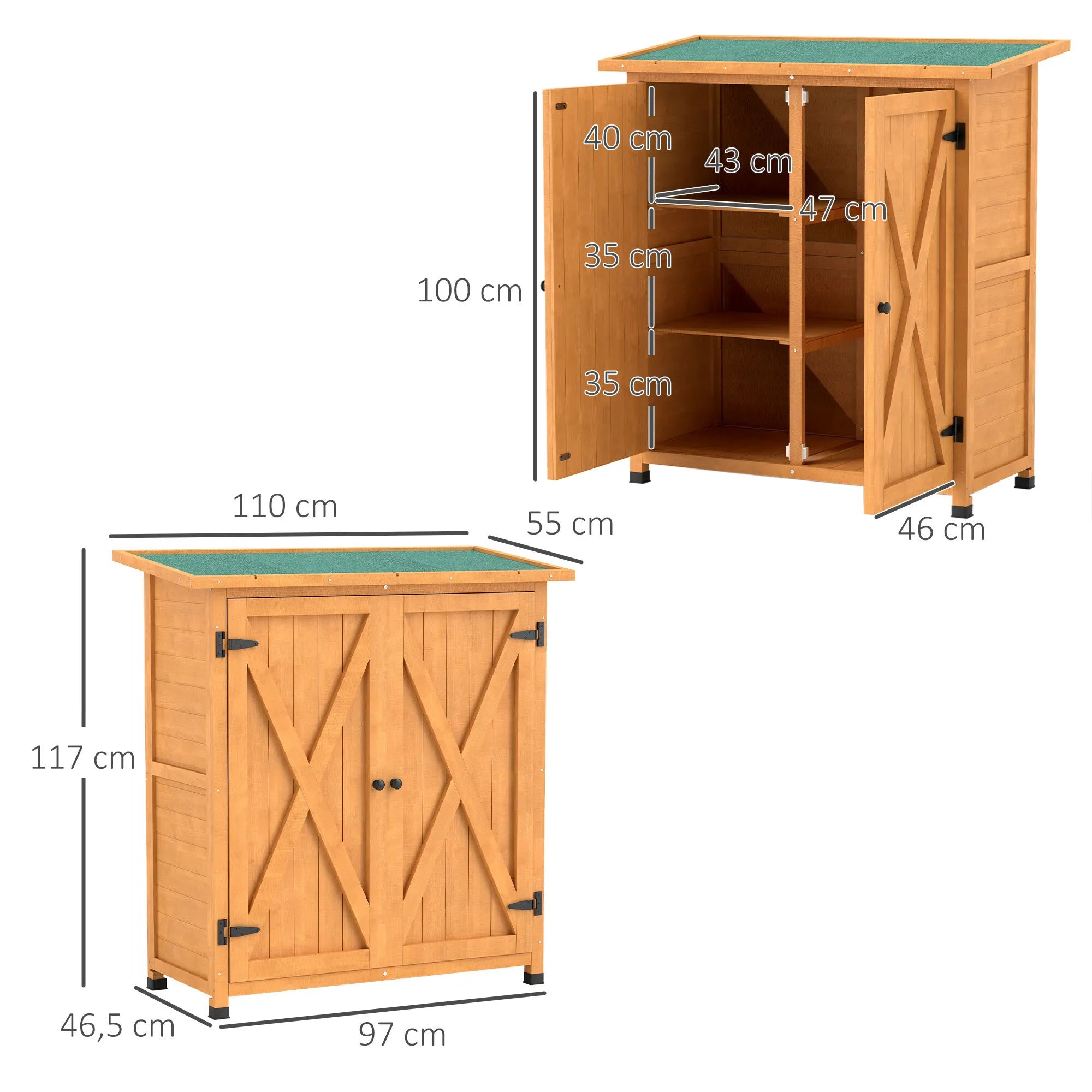 Sodo spintelė įrankiams, medinė, 110 x 55 x 117 cm, geltona