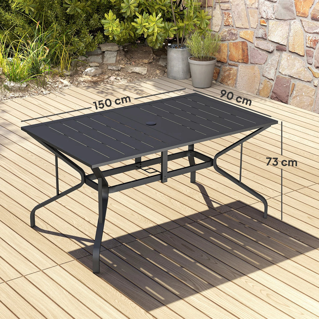 Sodo stalas iš plieno 150x90 cm Atsparus atmosferos poveikiui balkono stalas su skėčio skyle, lamelių dizainas, skirtas 6 asmenims Juodas