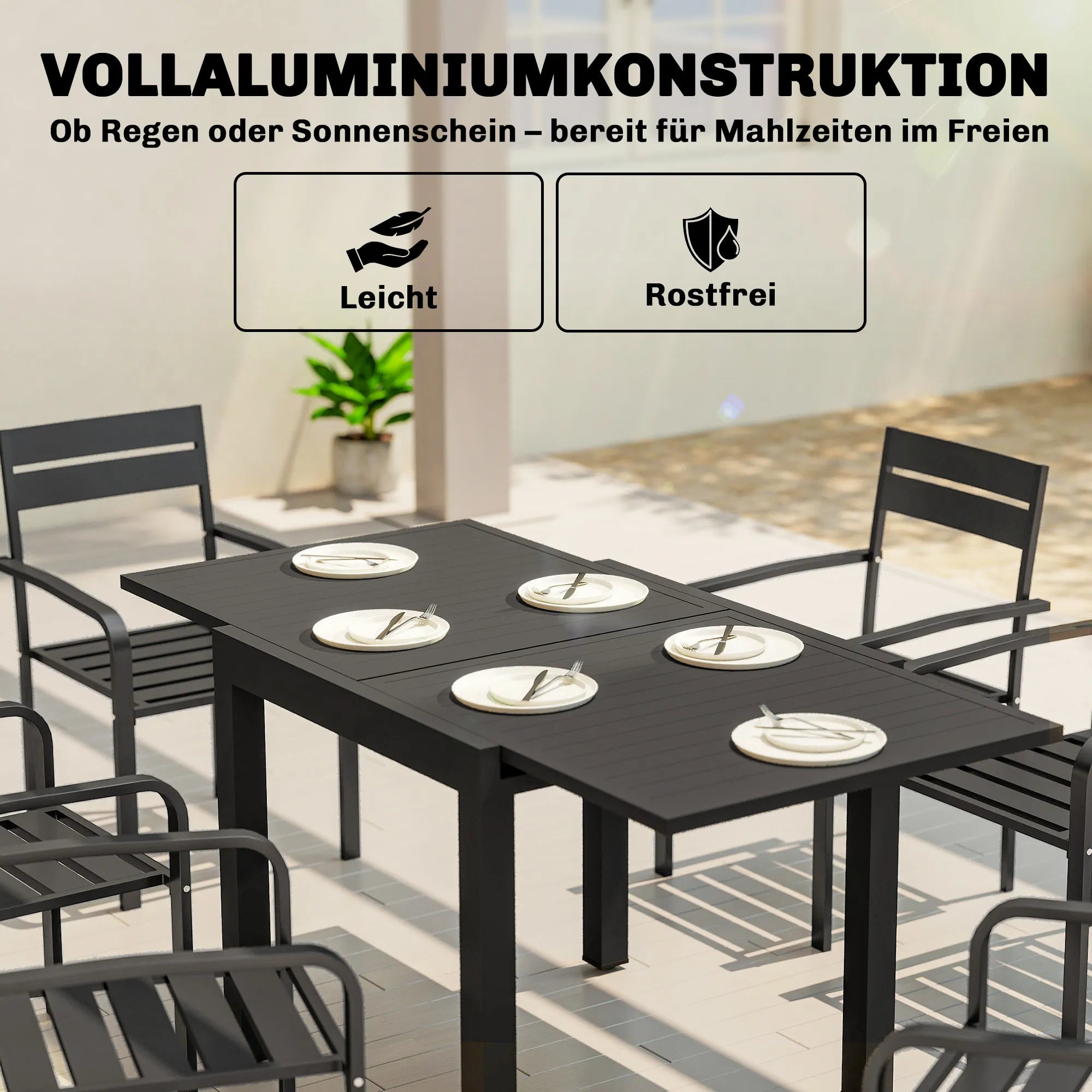 Sodo stalas ištraukiamas 80/160 x 80 cm, aliuminis, 4-6 asmenims, stačiakampis