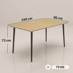 Stalo matmenų schema: 150 x 90 cm, aukštis 73 cm, svoris 70 kg