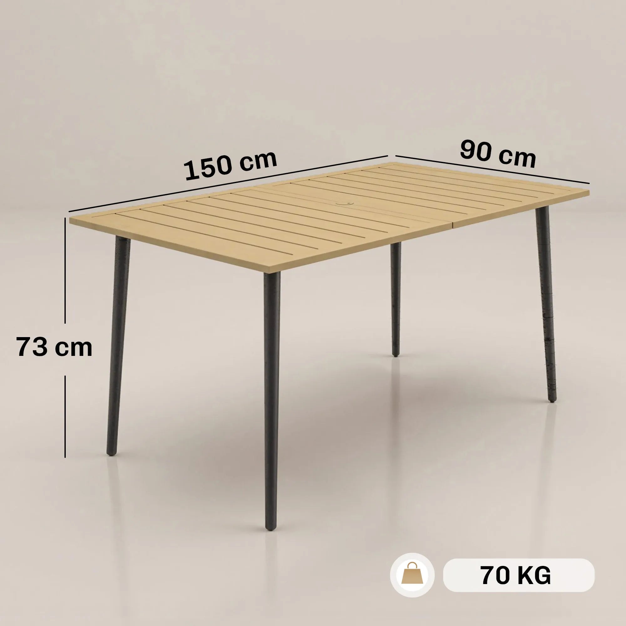 Sodo stalas metalinis 150x90cm su skėčio anga rudas