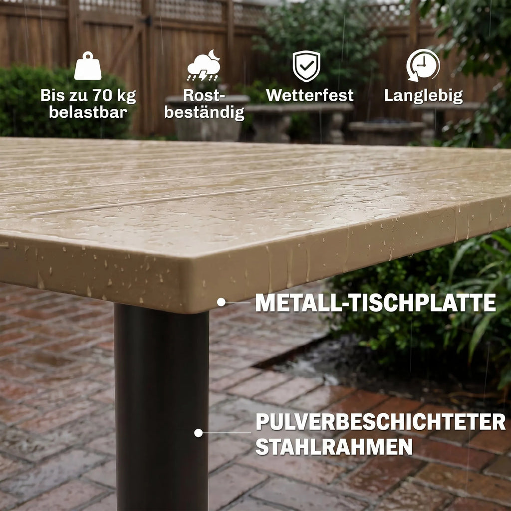 Sodo stalas metalinis 150x90cm su skėčio anga rudas