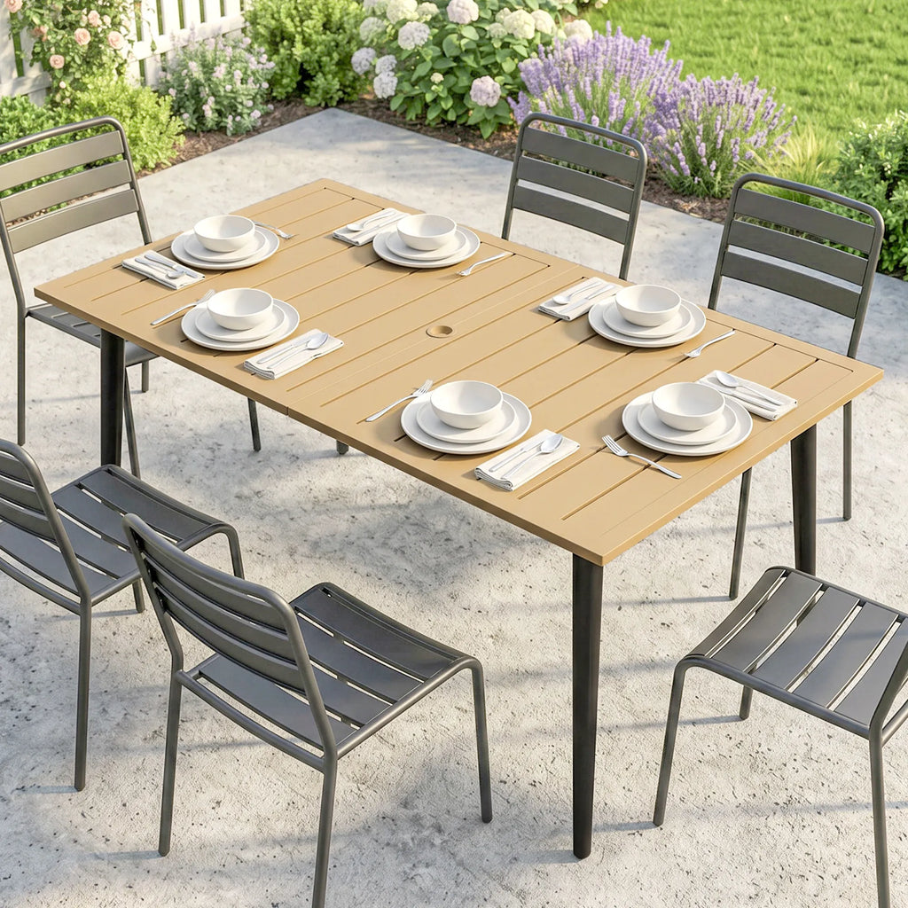 Sodo stalas metalinis 150x90cm su skėčio anga rudas