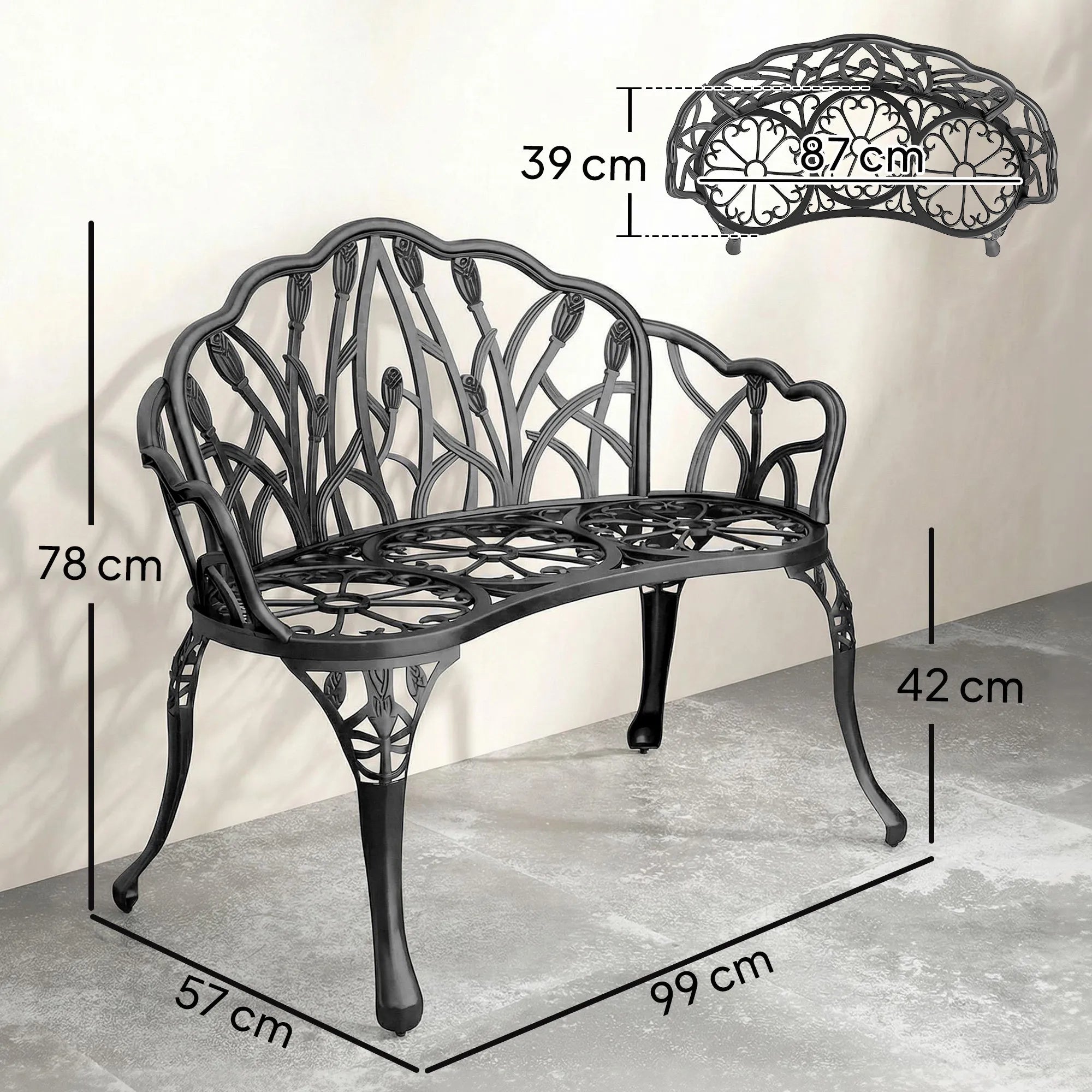 Sodo suoliukas 2 vietų aliuminis, iki 240 kg, gėlių rašto, juodas, 99 x 57 x 78 cm