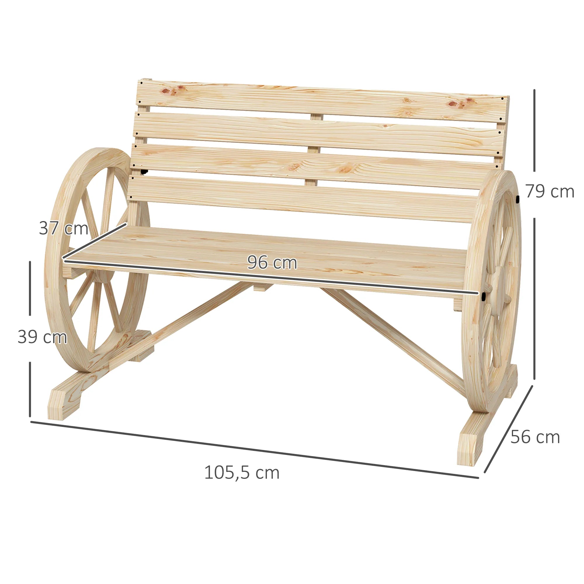 Sodo suoliukas, vežimo rato dizaino, 2 vietų, iki 240 kg, natūralios medienos