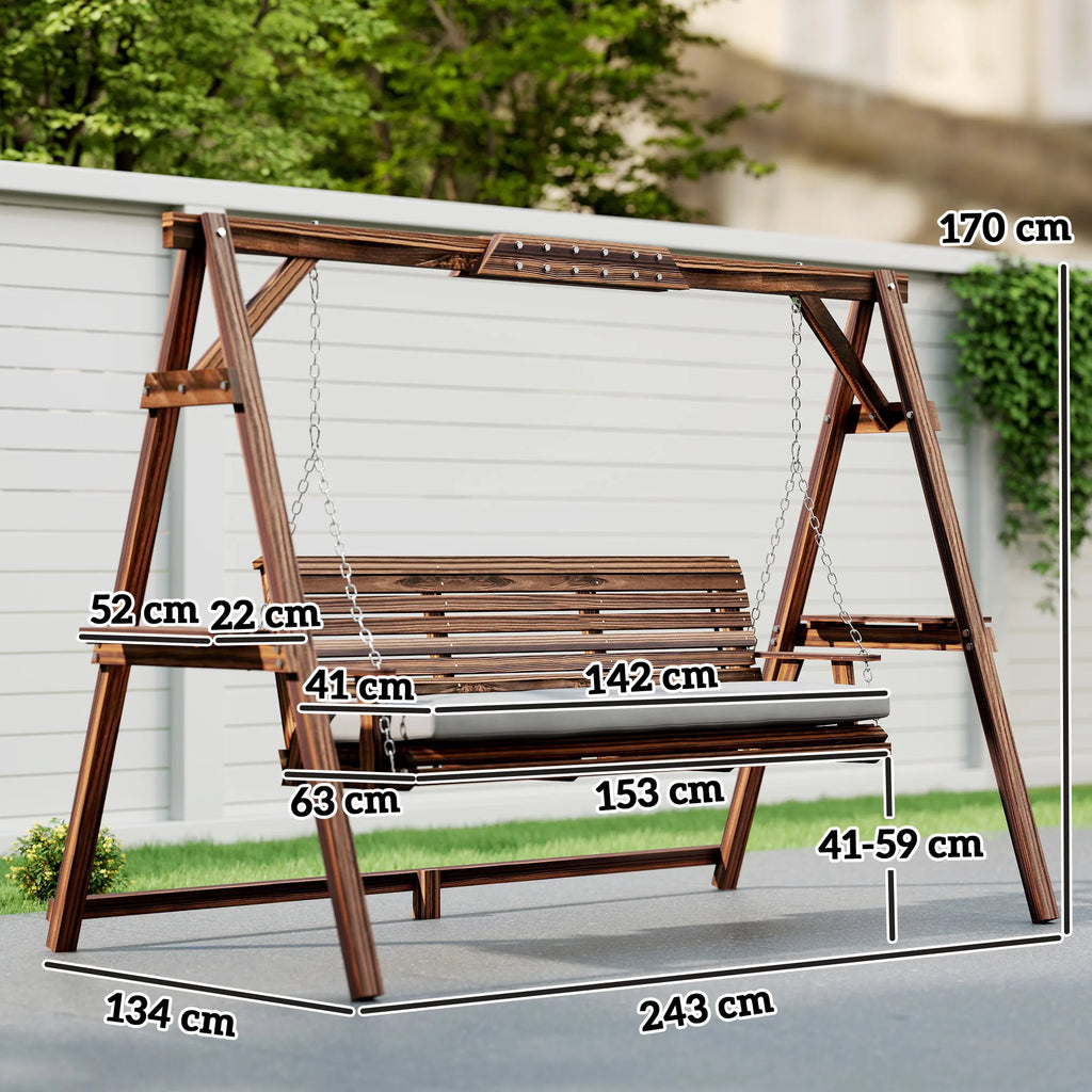 Sodo supynės, 3 vietų, medinės, su pagalvėlėmis ir padėkliukais, iki 330 kg, rudos