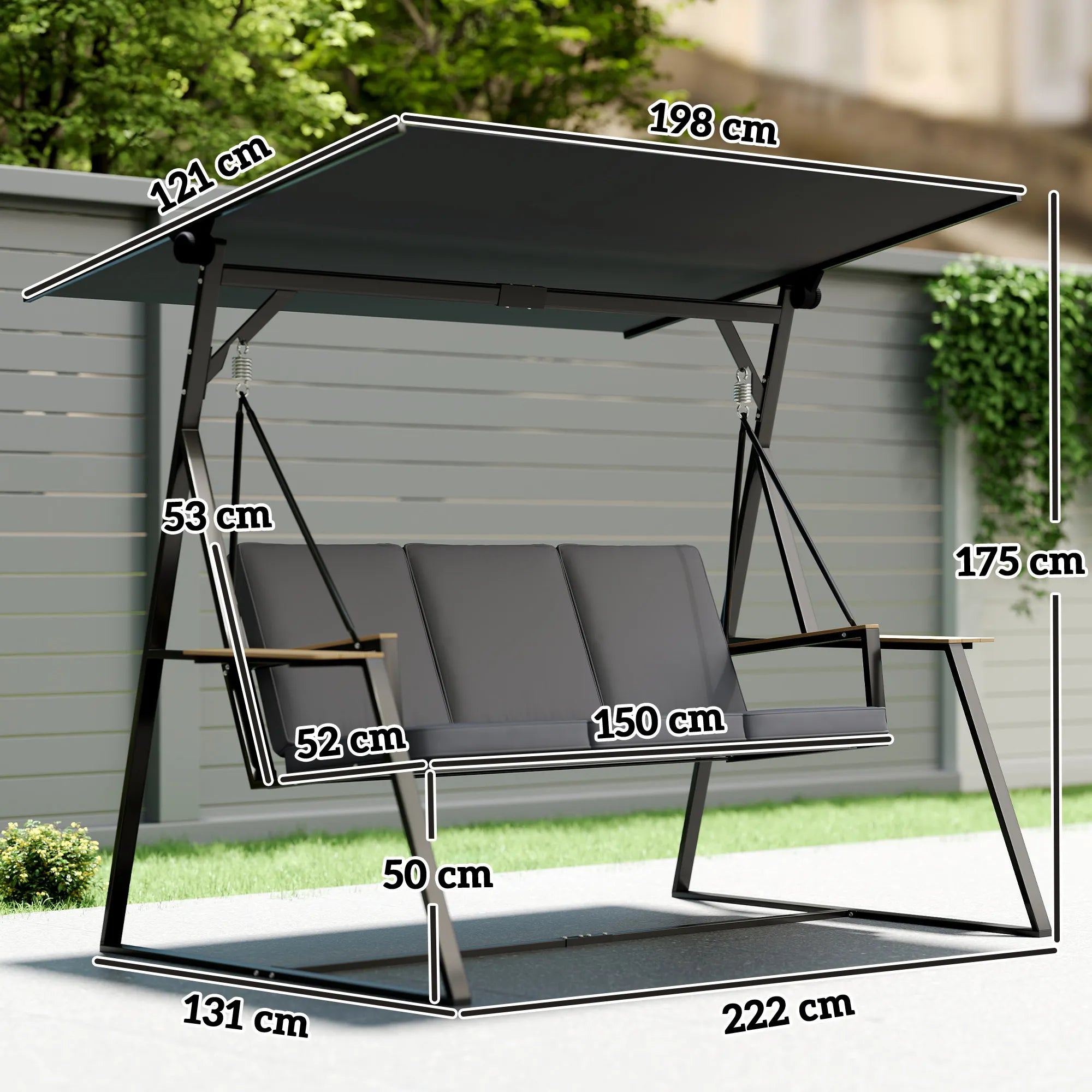 Sodo sūpynės su stogeliu metalinės 222 cm su pagalvėlėmis pilkos