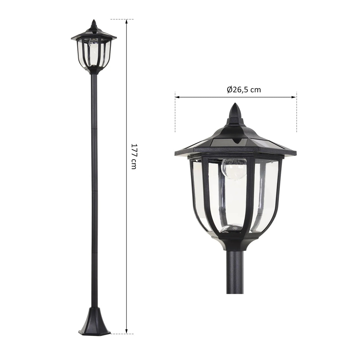 Sodo šviestuvo matmenų schema: 177 cm aukštis, 26,5 cm skersmuo