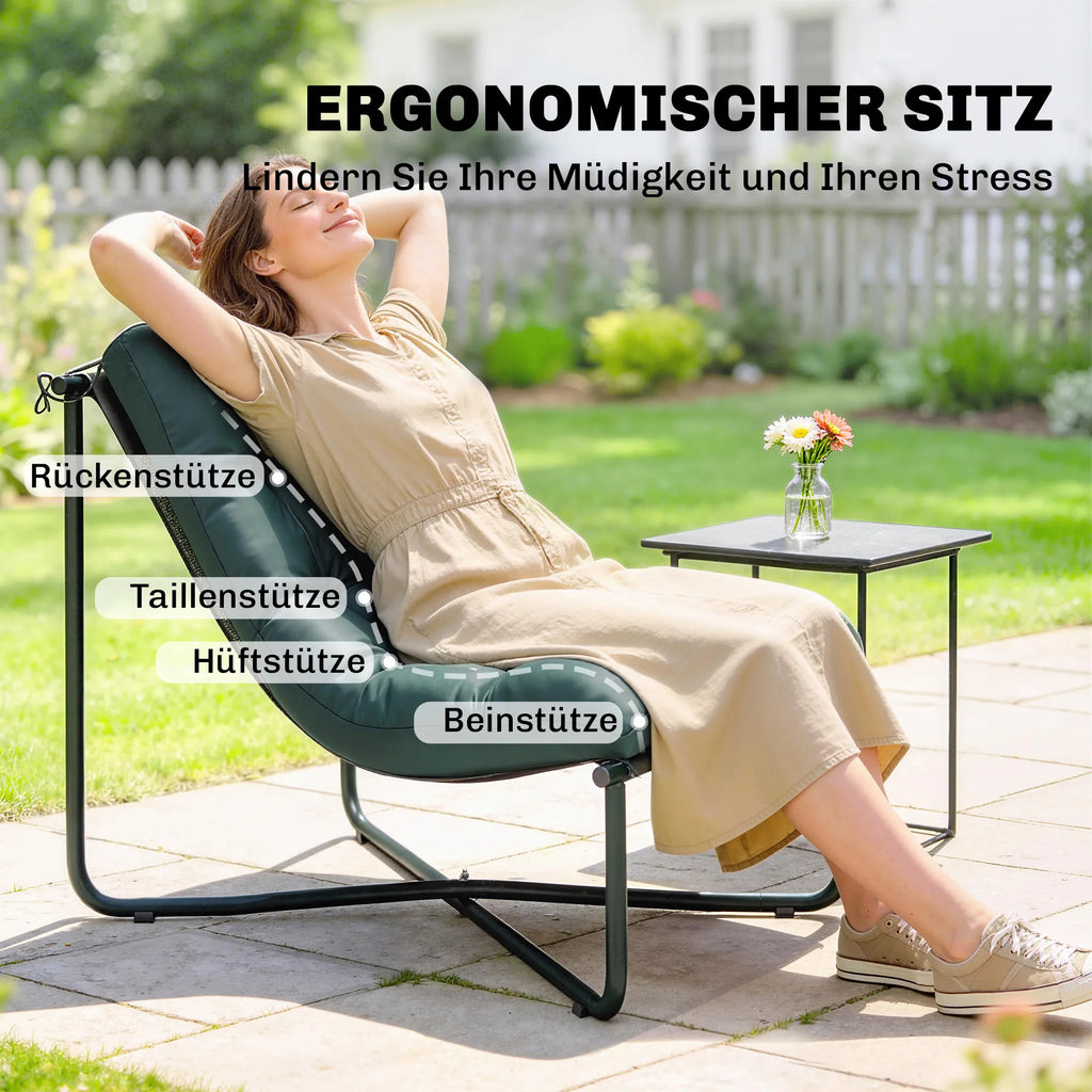Ergonomiška sėdimoji dalis su nugaros, juosmens, klubų ir kojų atrama, moteris atsilošusi ilsisi.