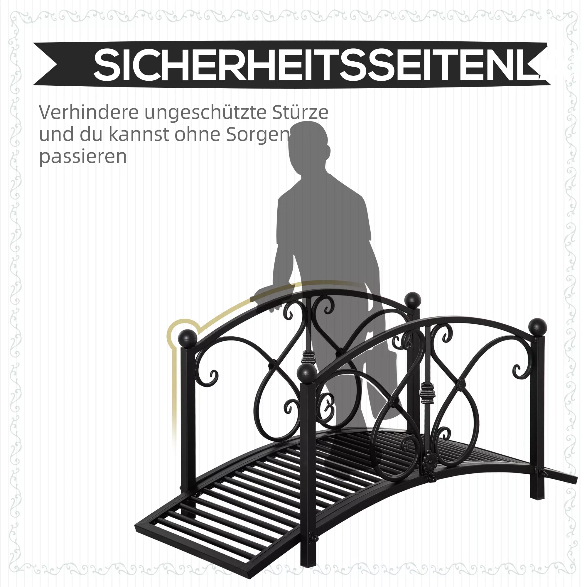 Sodo tiltelis metalinis 102x48x49 cm su turėklais juodas