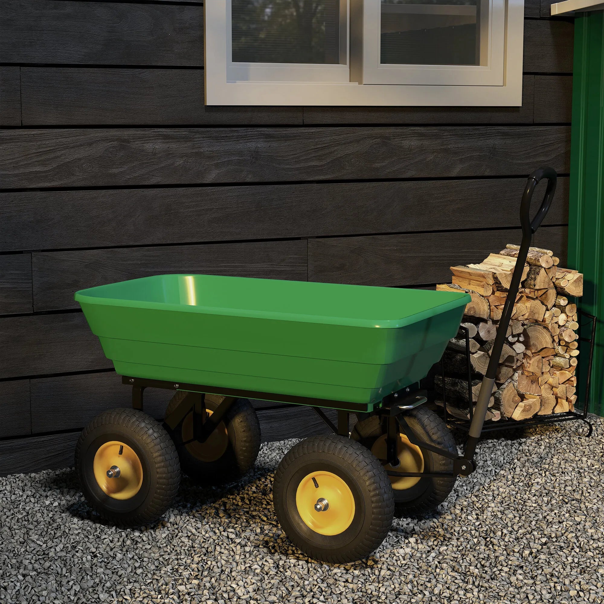Sodo vežimėlis su vartymo funkcija, 200 kg, 75 l, tamsiai žalias