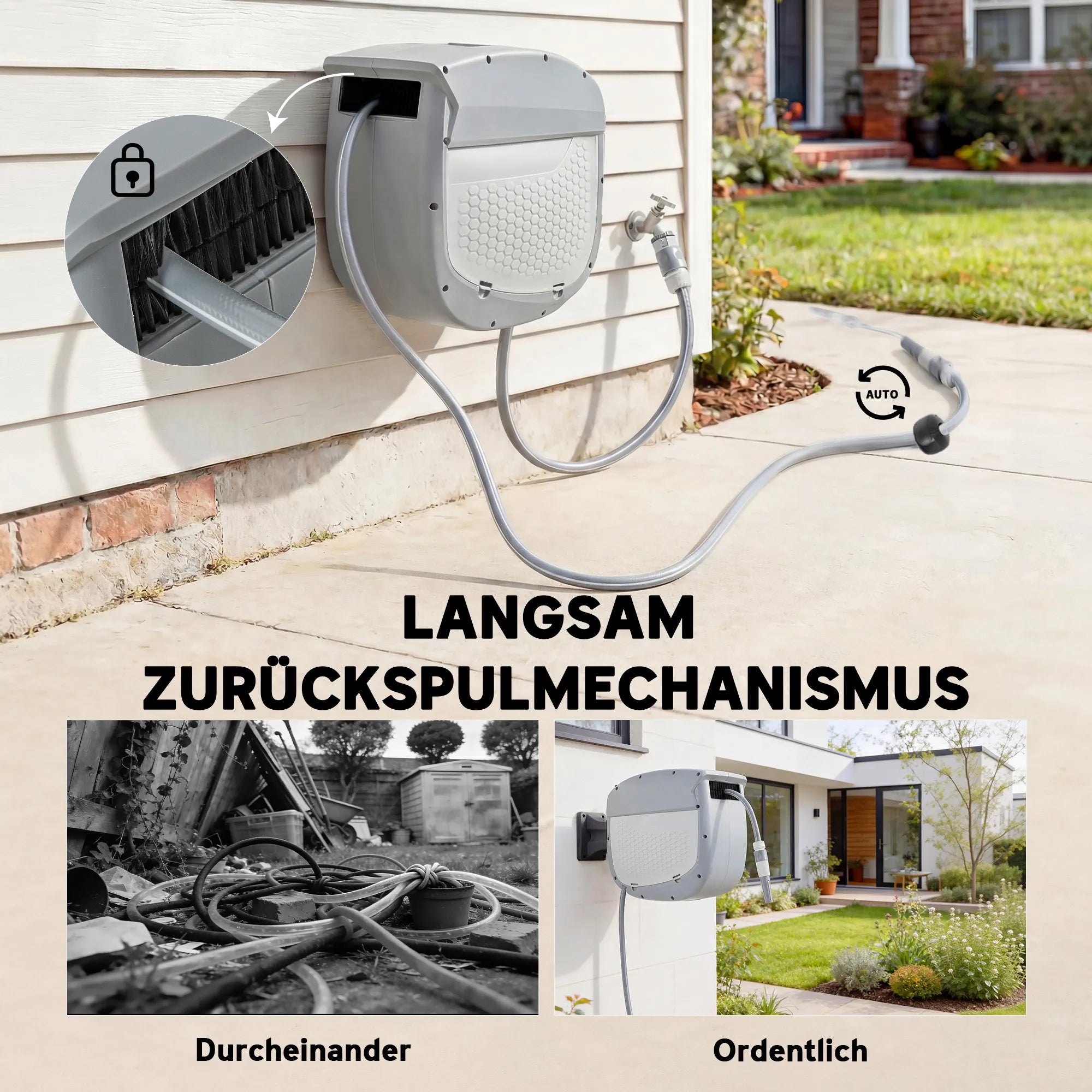 Sodo žarnos ritė 20 m, automatinė, pasukama 180°, pilka
