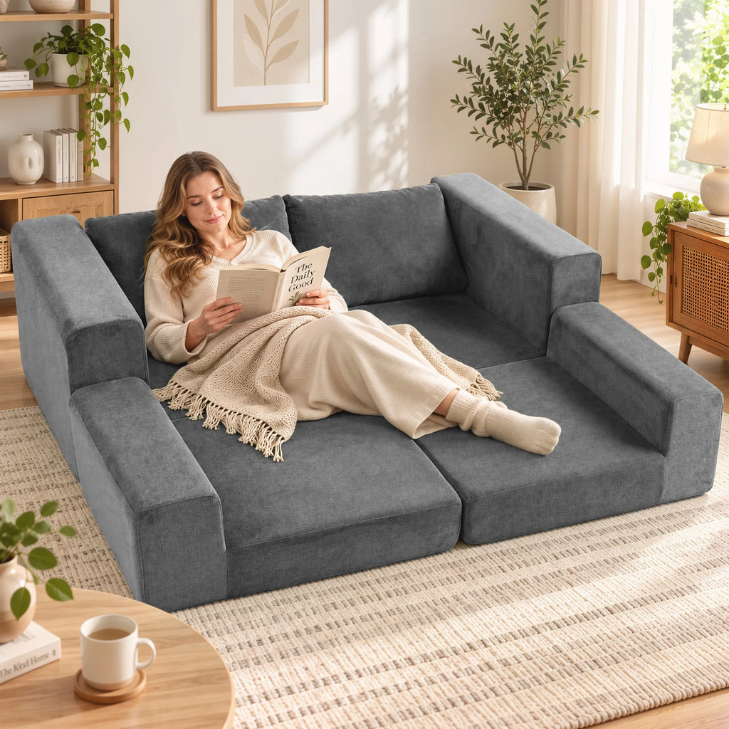 Sofa lova, 2 vietų, 4 viename, išskleidžiama, su pagalvėmis, pilka