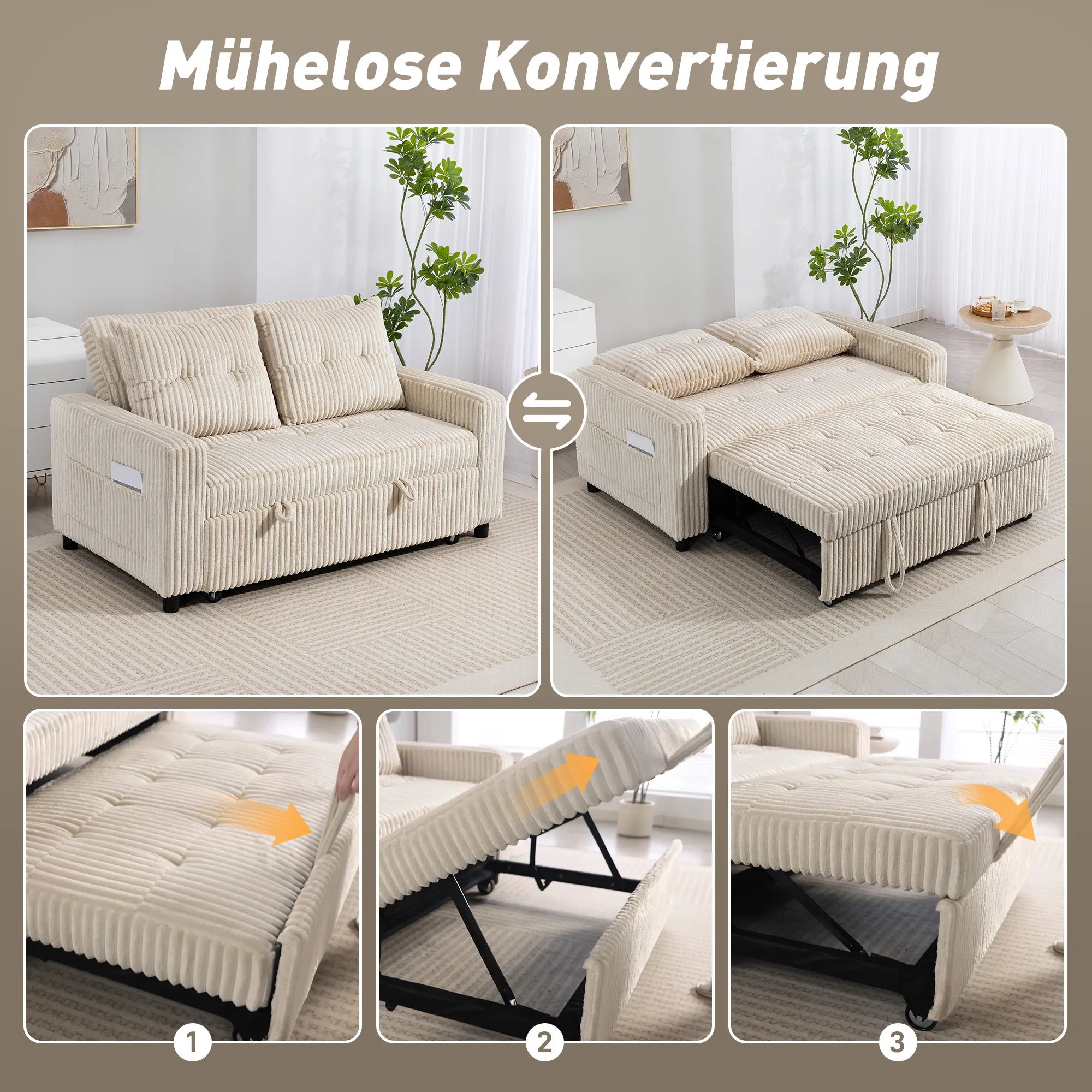 Sofa-lova 2 vietų, išskleidžiama su 2 pagalvėlėmis, 157x190 cm, kremine