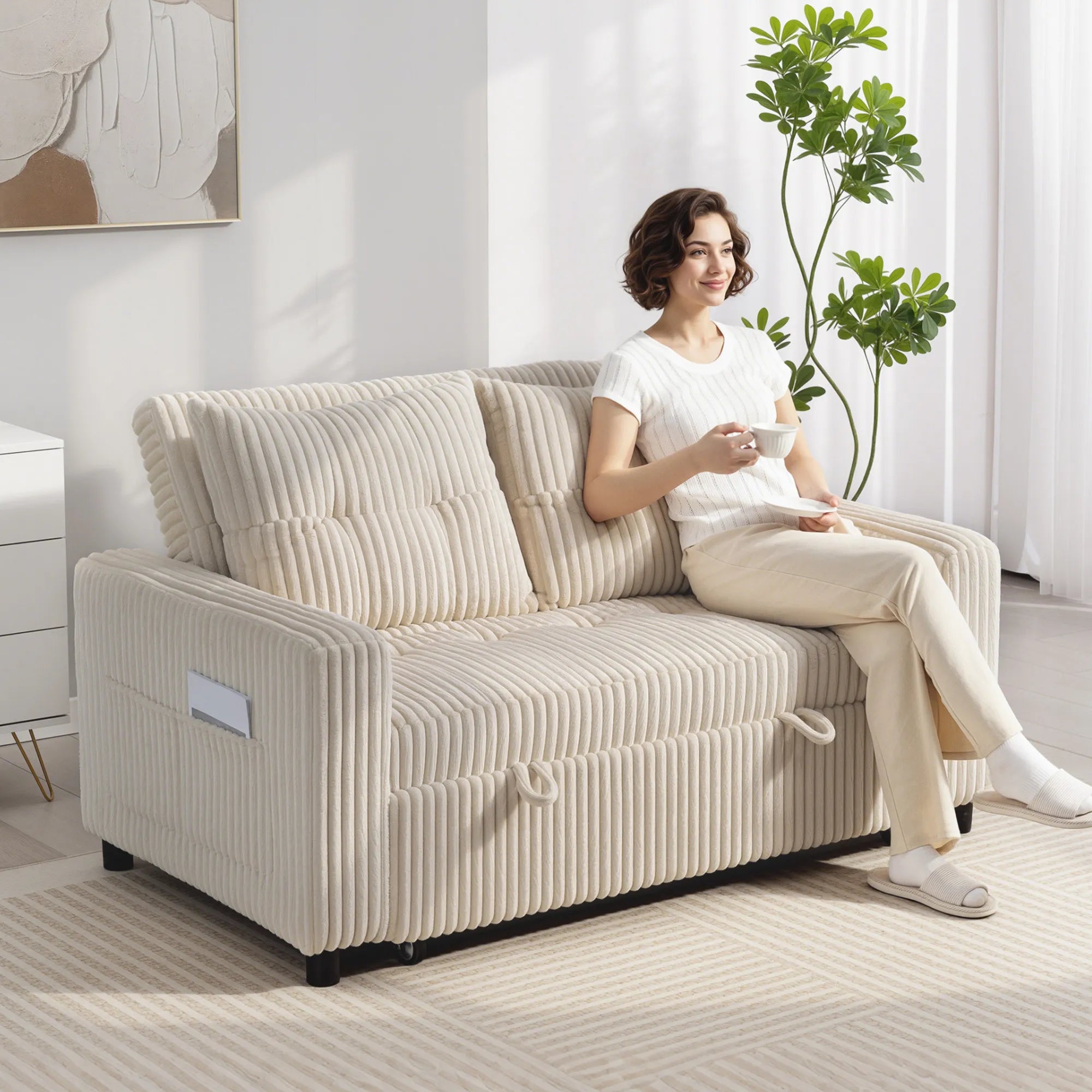 Sofa-lova 2 vietų, išskleidžiama su 2 pagalvėlėmis, 157x190 cm, kremine