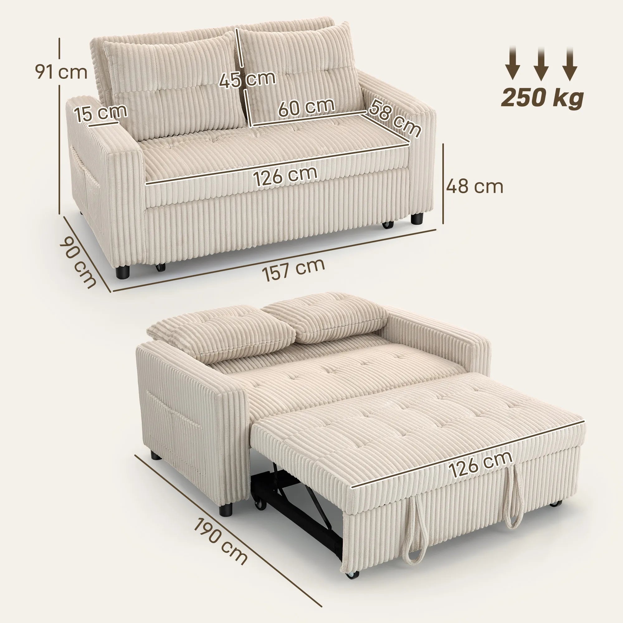 Sofa-lova 2 vietų, išskleidžiama su 2 pagalvėlėmis, 157x190 cm, kremine