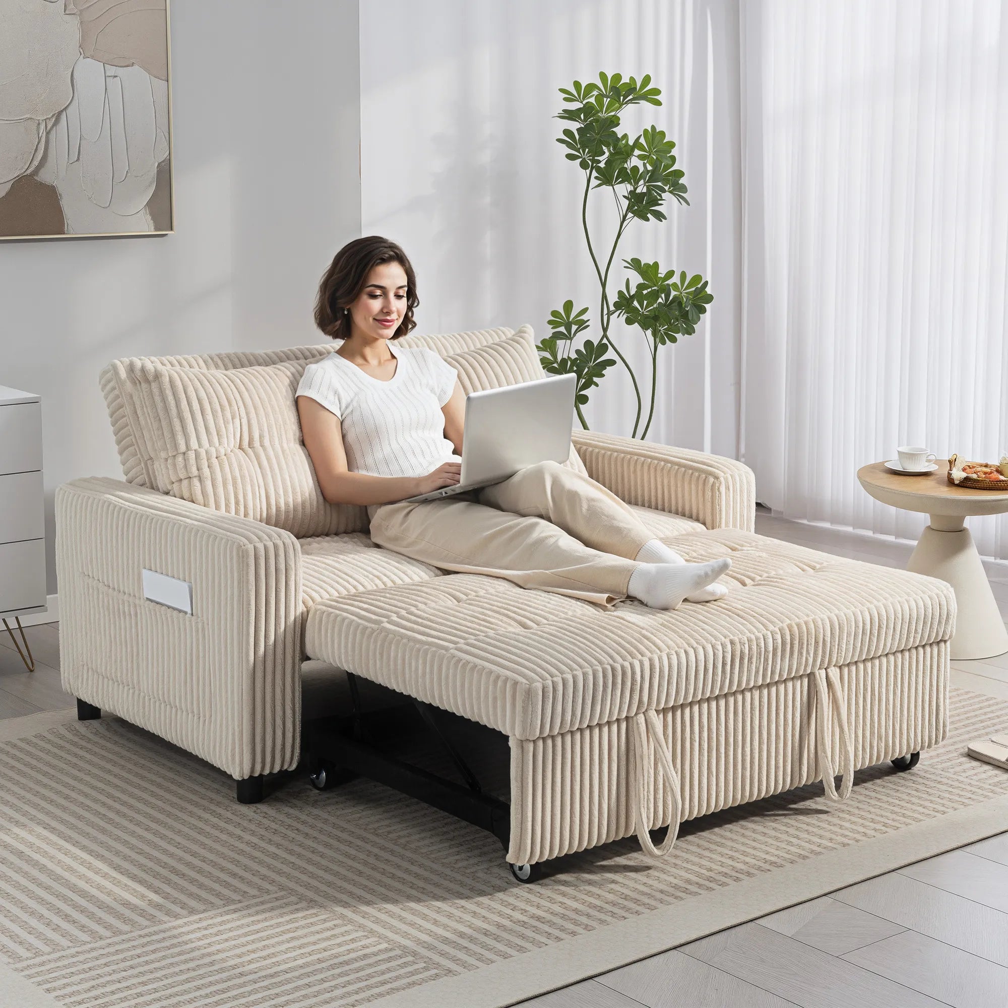 Sofa-lova 2 vietų, išskleidžiama su 2 pagalvėlėmis, 157x190 cm, kremine
