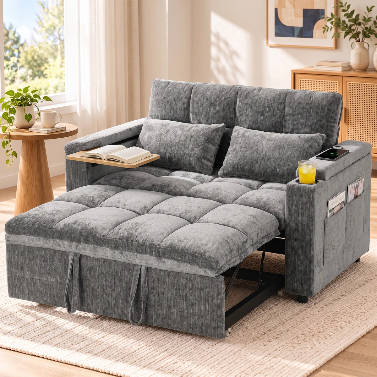 Pilka sofa lova ištraukta miegamojo režimu modernioje svetainėje