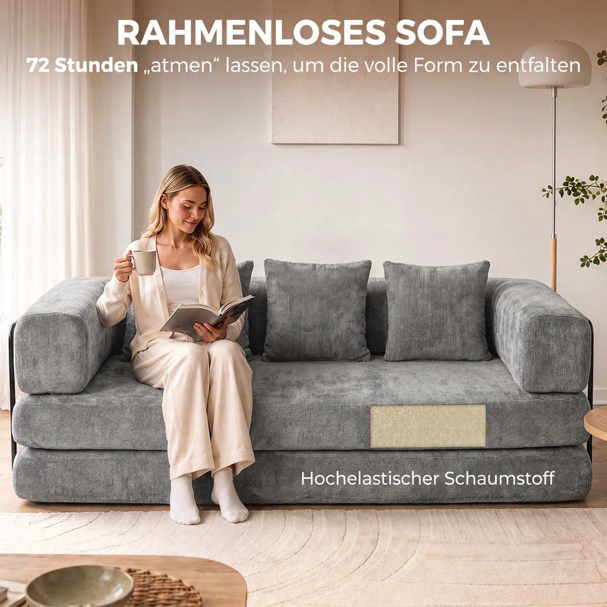 Sofa lova, 205 cm, 5 viename, 75 cm gylio sėdynė, pilka