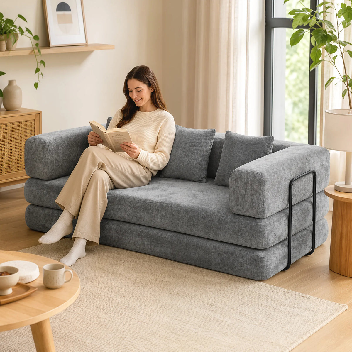 Sofa lova, 205 cm, 5 viename, 75 cm gylio sėdynė, pilka