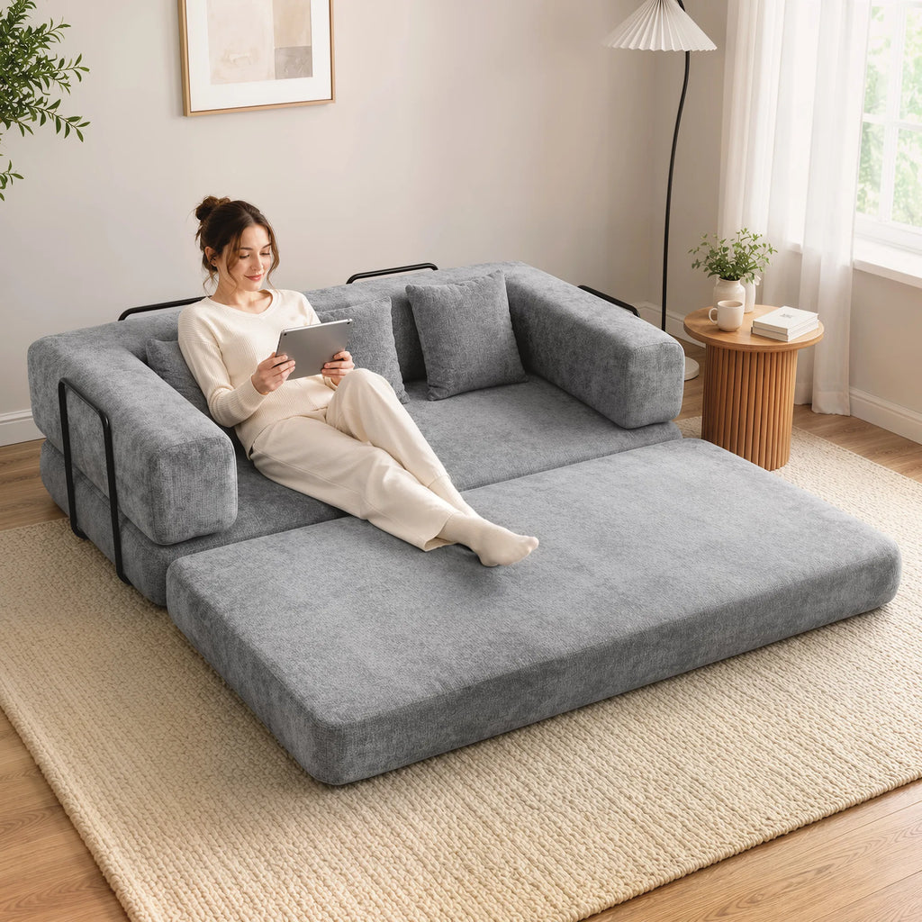 Sofa lova, 205 cm, 5 viename, 75 cm gylio sėdynė, pilka
