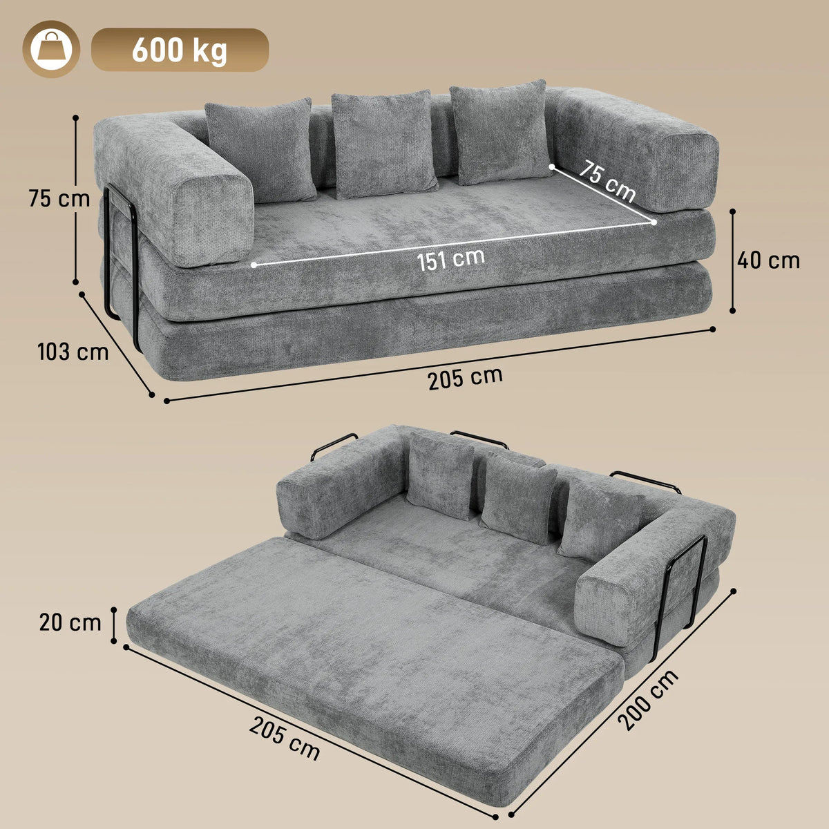 Sofa lova, 205 cm, 5 viename, 75 cm gylio sėdynė, pilka