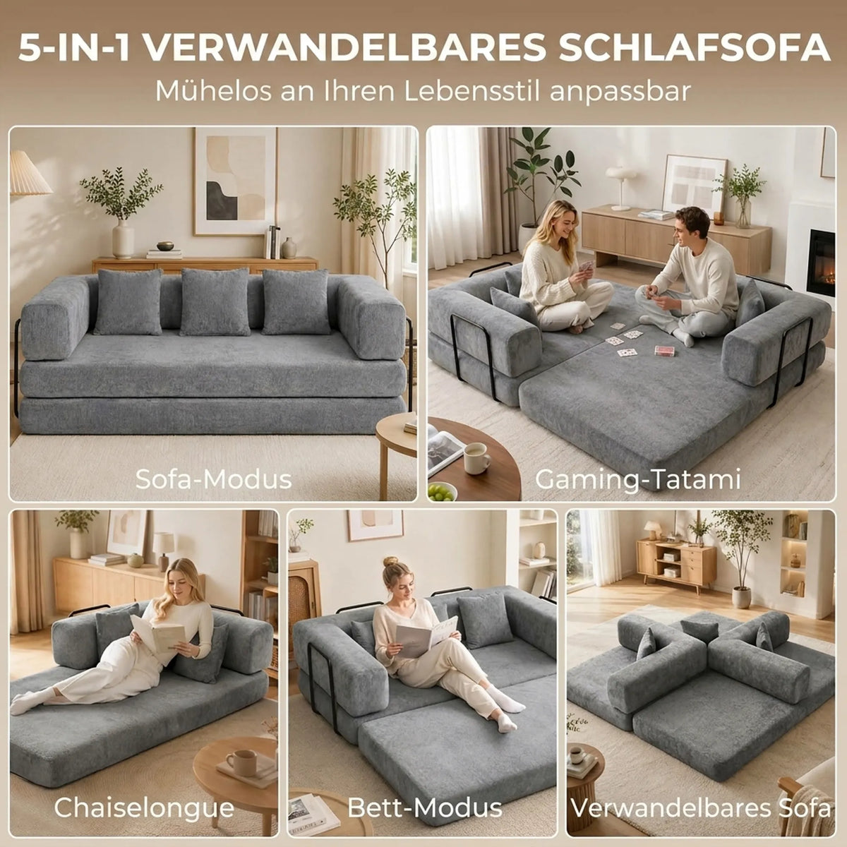Sofa lova, 205 cm, 5 viename, 75 cm gylio sėdynė, pilka