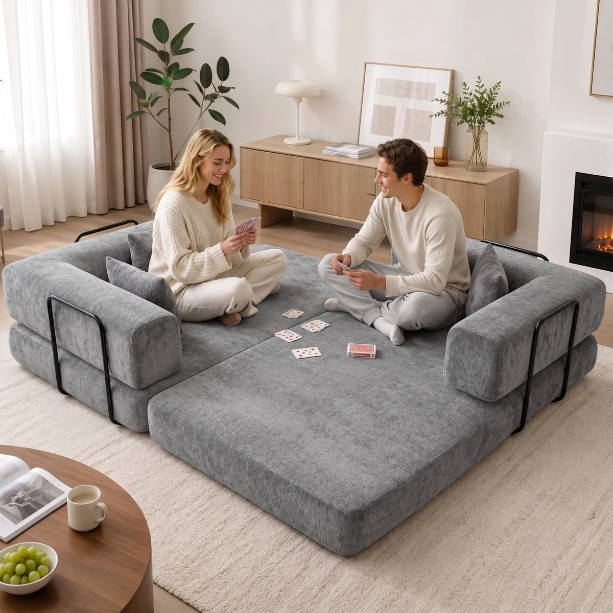 Sofa lova, 205 cm, 5 viename, 75 cm gylio sėdynė, pilka