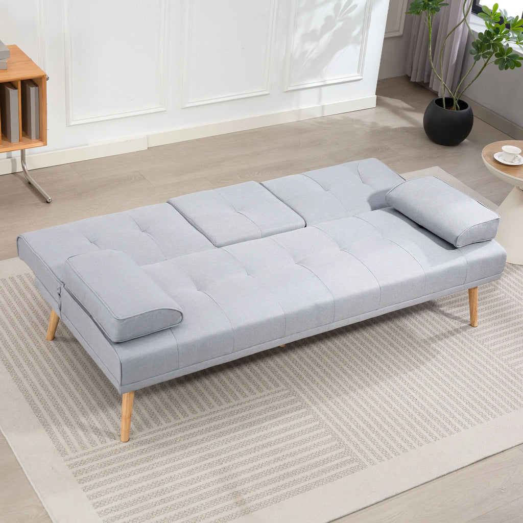Sofa lova, 3 vietų, su sulankstomu staliuku ir puodelių laikikliais, šviesiai pilka