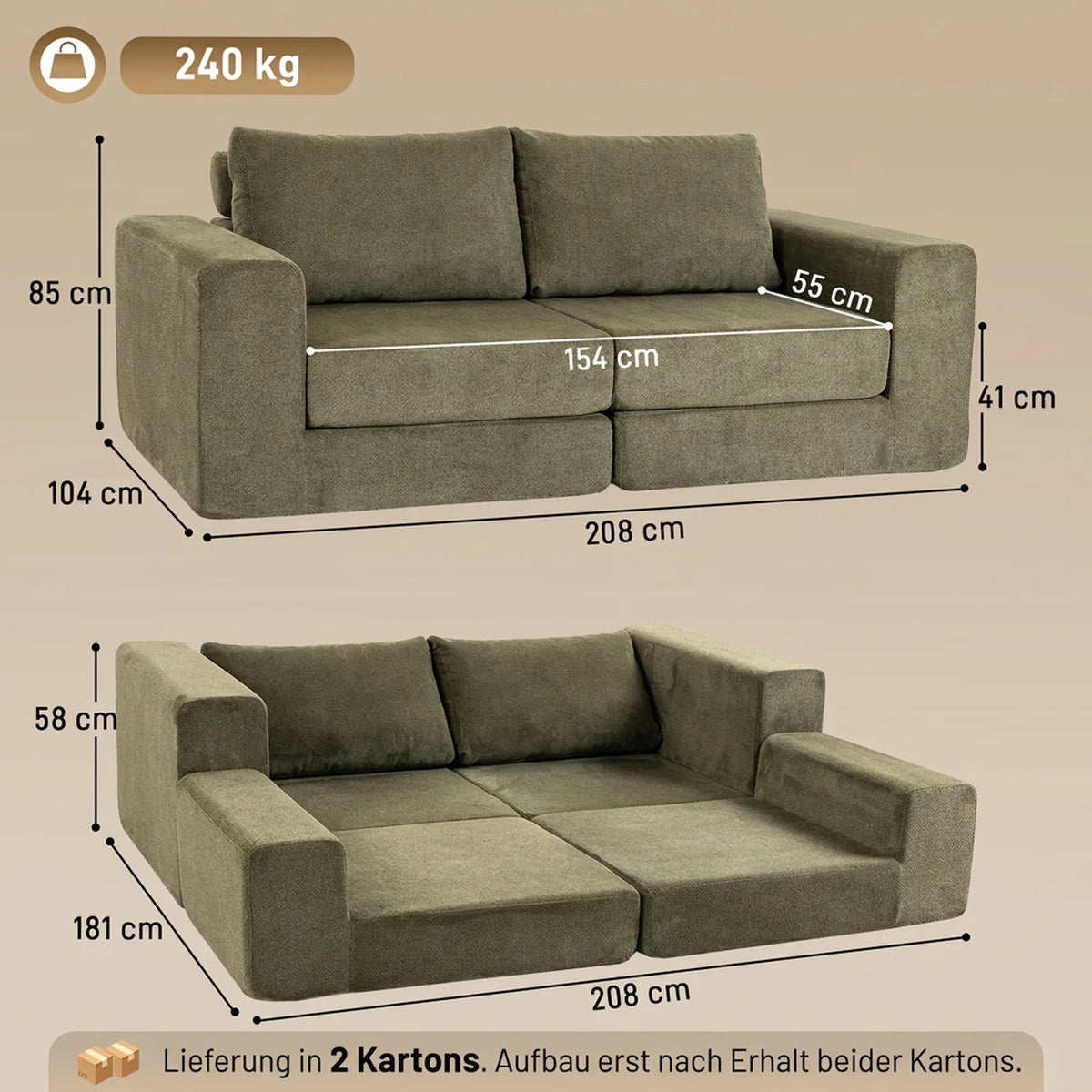 Sofos lovos matmenų schema: sofa 208 x 104 cm ir išskleista lova 208 x 181 cm