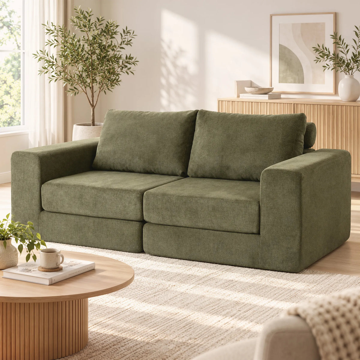 Žalia sofa lova jaukioje svetainėje su gėlių vazonu ir staliuku