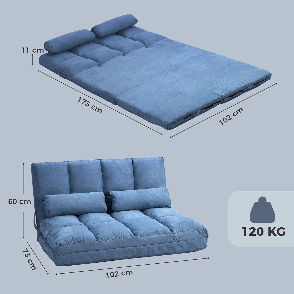 Sofa-lova ant grindų, sulankstoma, reguliuojamu atlošu, 102 × 73 × 60 cm, mėlyna