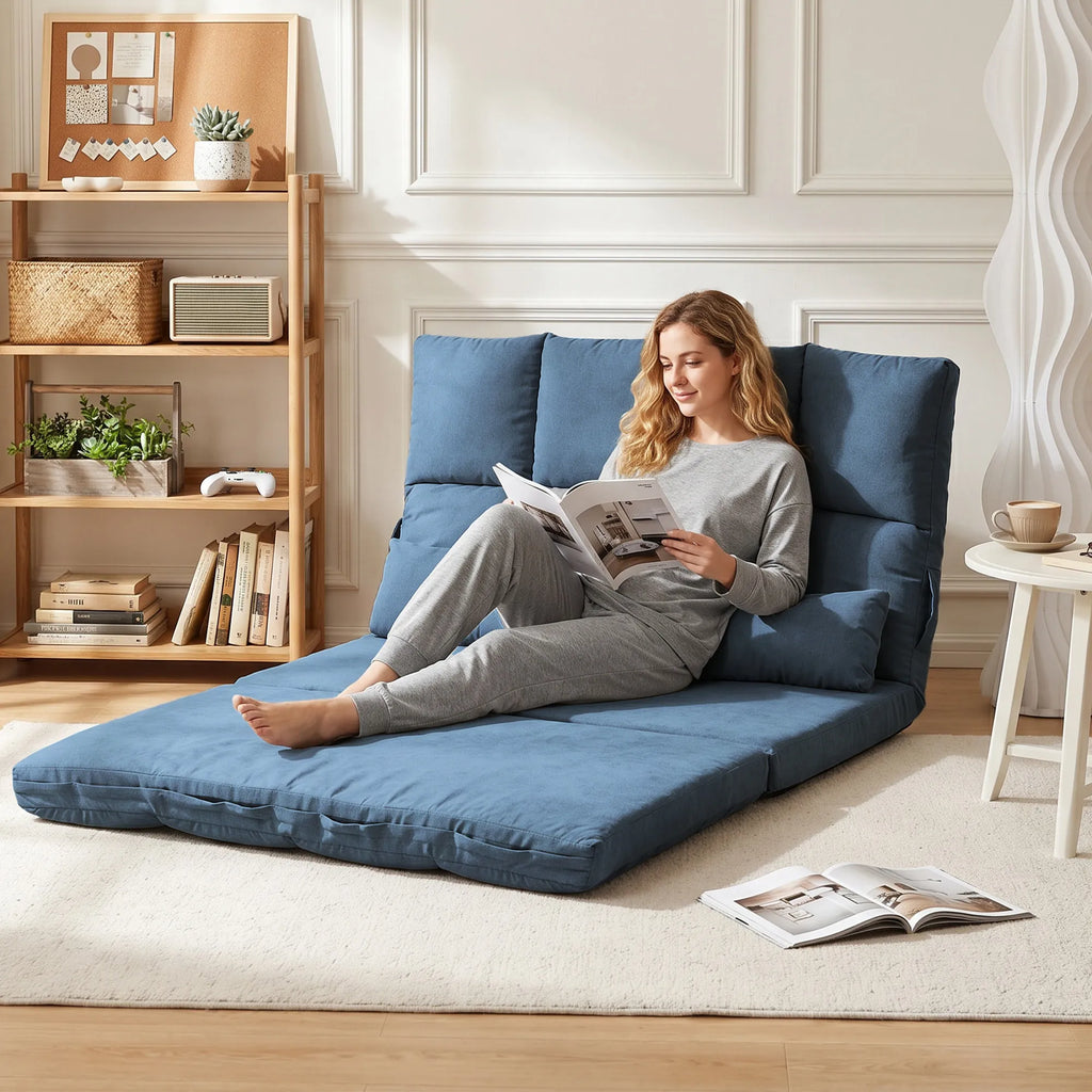 Sofa-lova ant grindų, sulankstoma, reguliuojamu atlošu, 102 × 73 × 60 cm, mėlyna