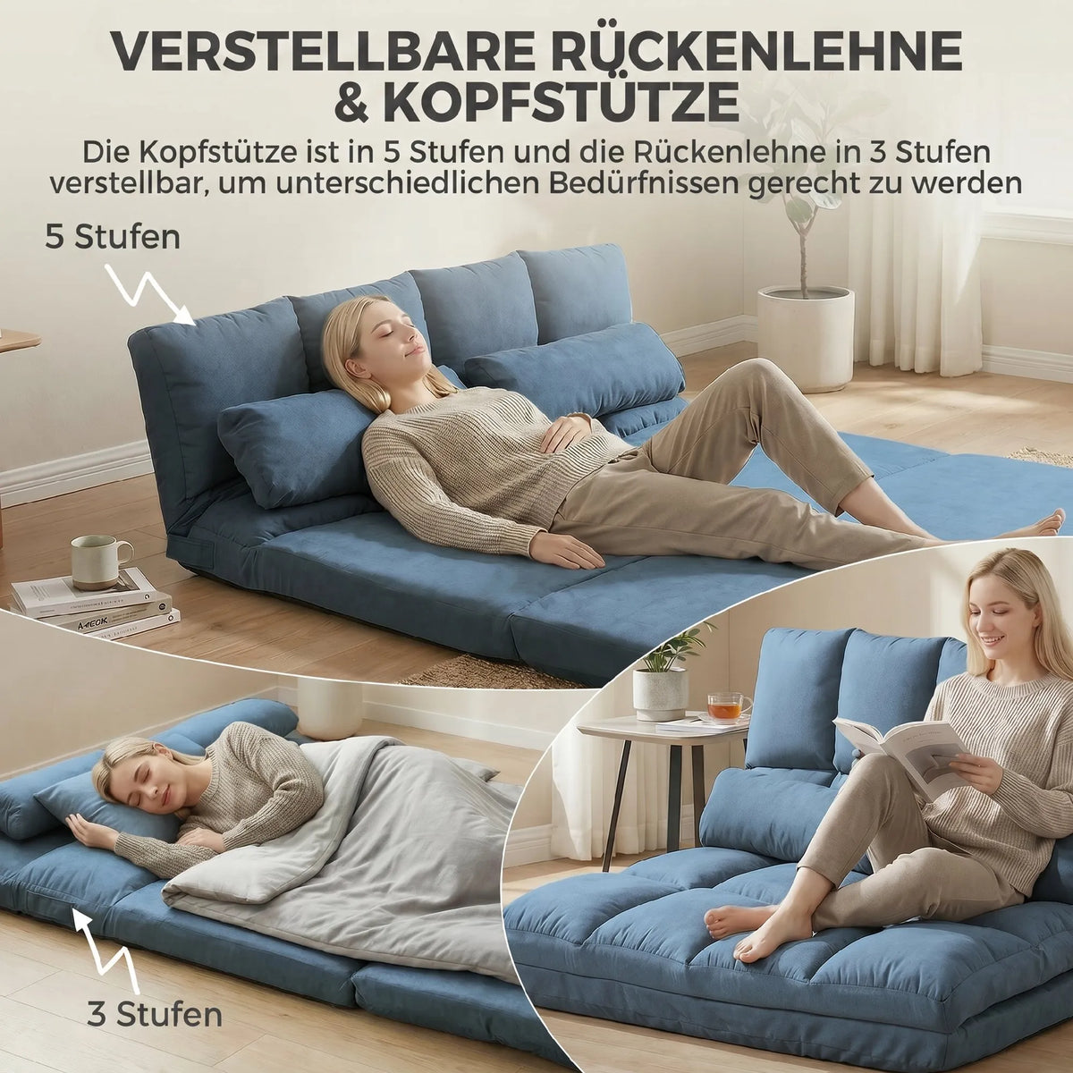 Sofa-lova ant grindų, sulankstoma, reguliuojamu atlošu, 102 × 73 × 60 cm, mėlyna