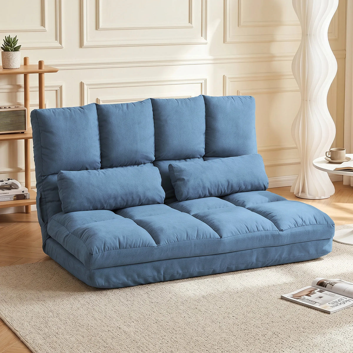 Sofa-lova ant grindų, sulankstoma, reguliuojamu atlošu, 102 × 73 × 60 cm, mėlyna