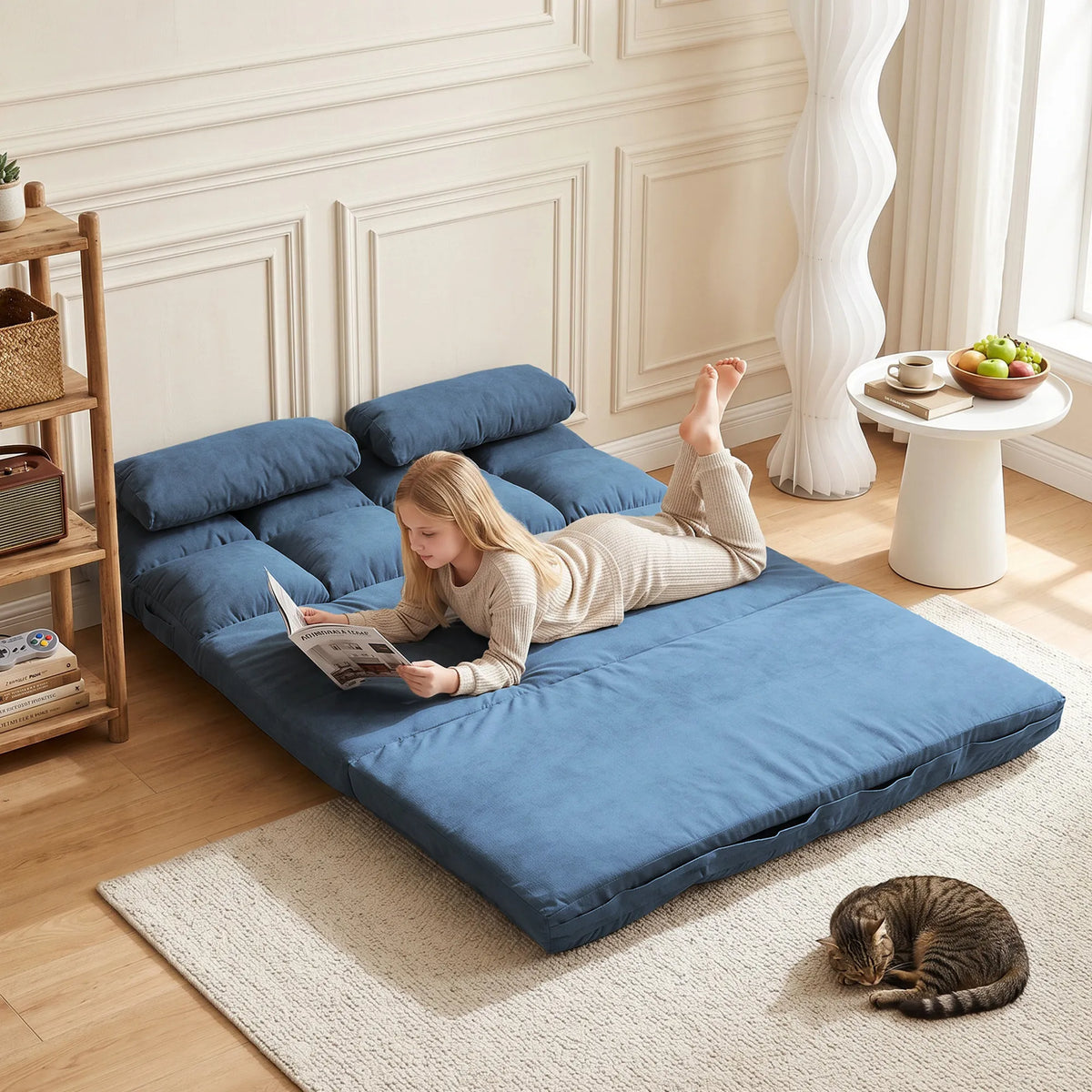 Sofa-lova ant grindų, sulankstoma, reguliuojamu atlošu, 102 × 73 × 60 cm, mėlyna