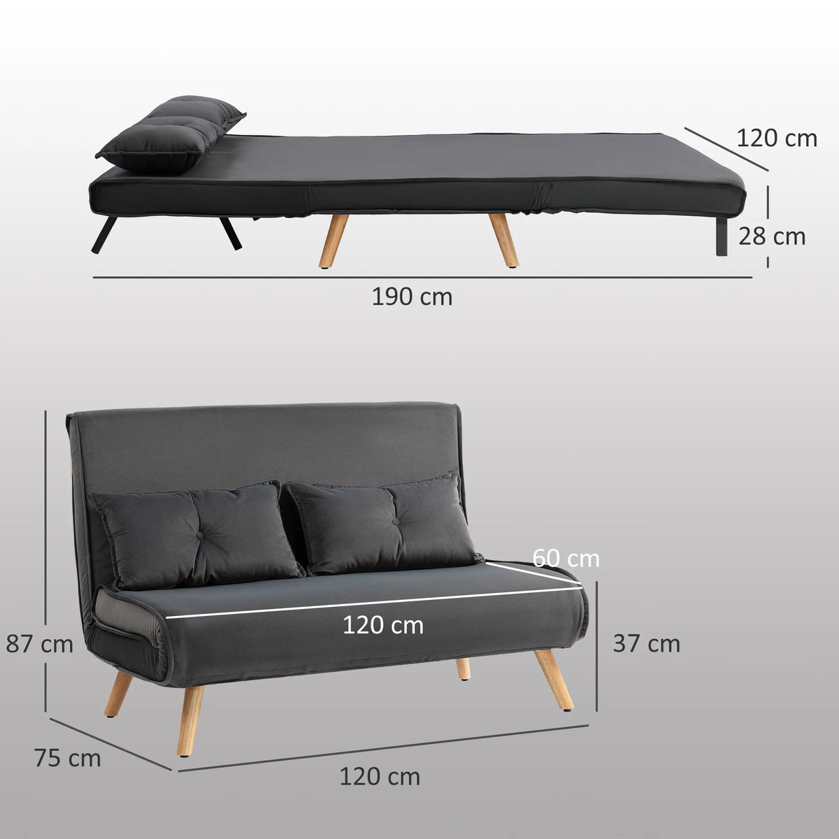 Sofa lova, dvivietė, reguliuojamas atlošas, pilka