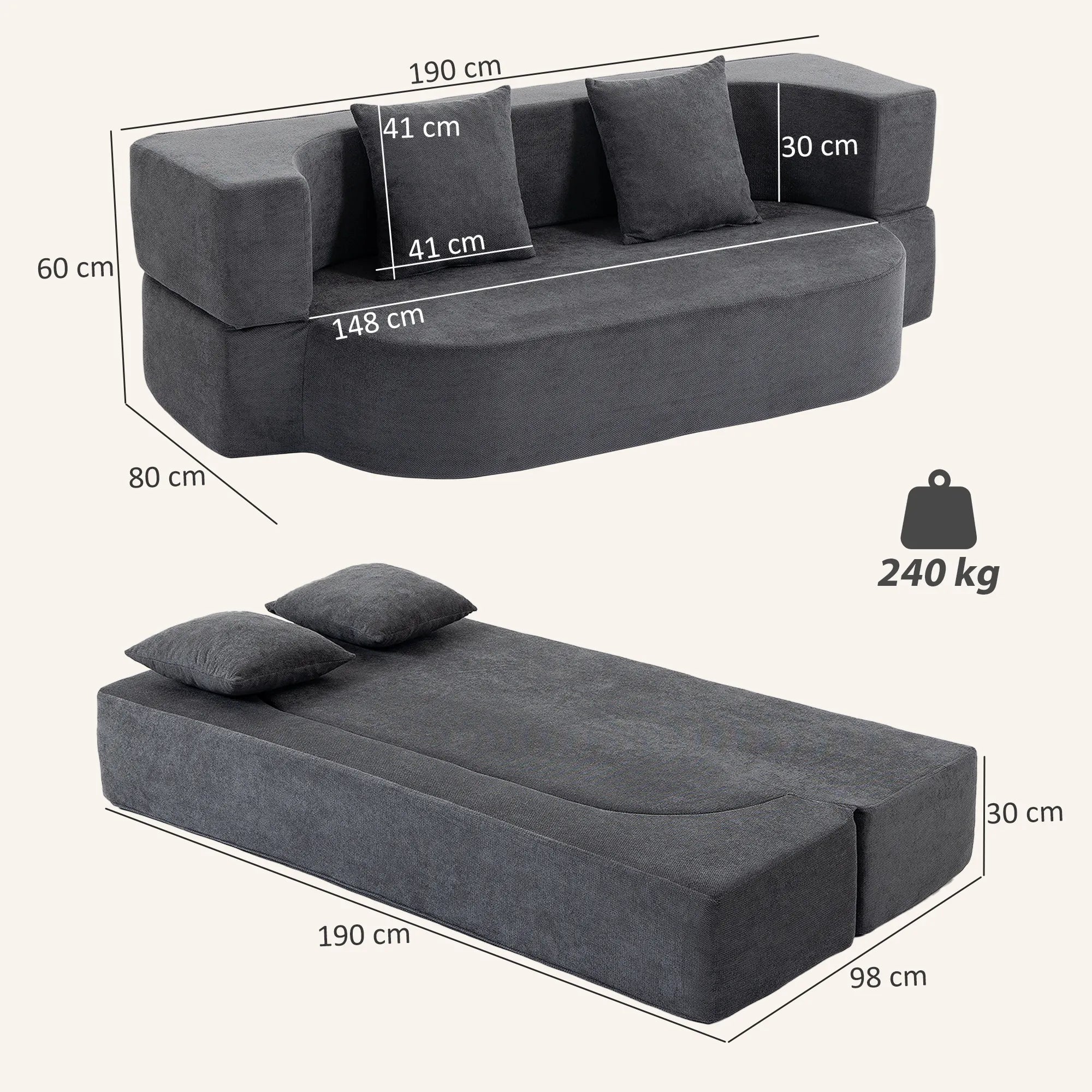 Sofa lova, dvivietė, su putų polistirolo užpildu, tamsiai pilka