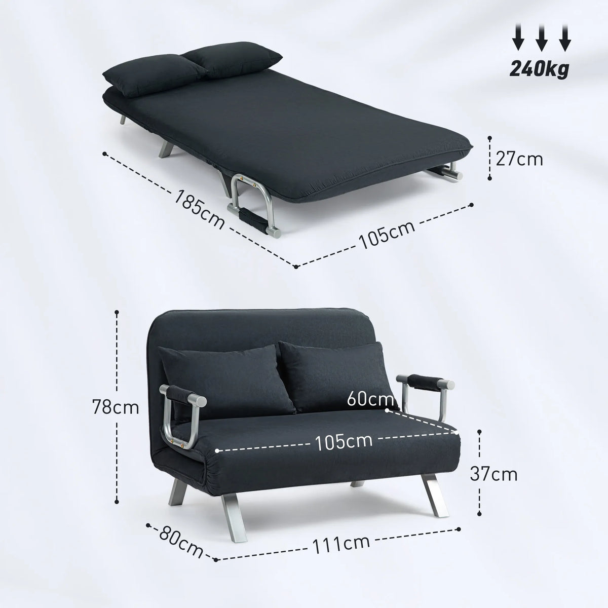 Sofa lova, reguliuojama, 105 cm pločio, juoda