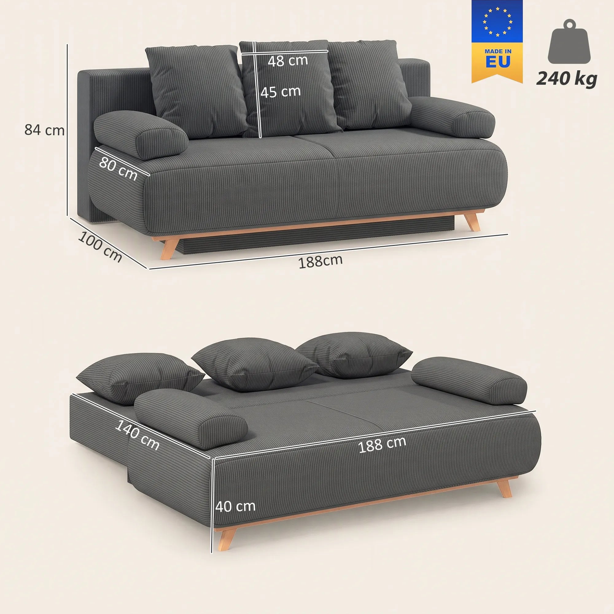 Sofa-lova su patalynės dėže, 3 vietų, pilka
