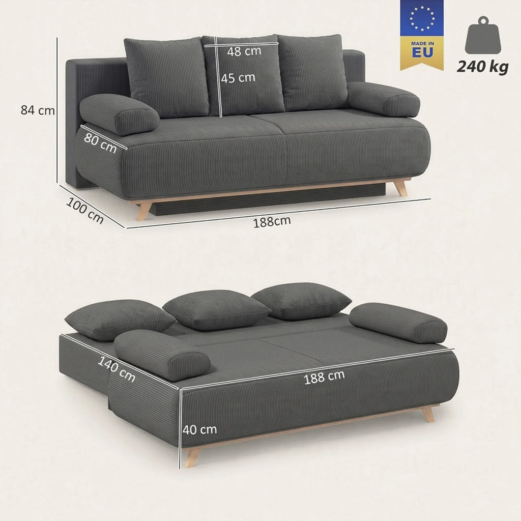 Sofa-lova su patalynės dėže, 3 vietų, pilka