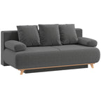 Pilka velvetinė sofa-lova su trimis pagalvėlėmis ir medinėmis kojelėmis