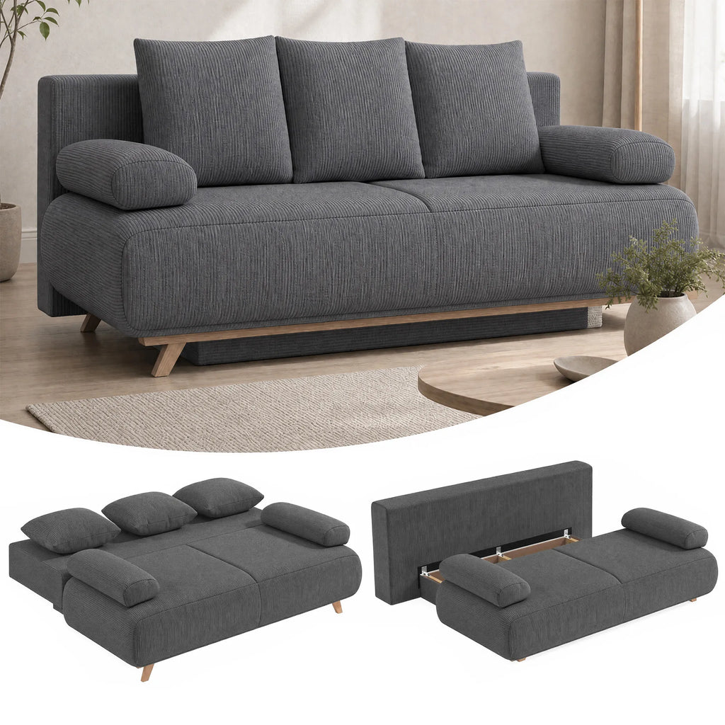 Sofa-lova su patalynės dėže, 3 vietų, pilka