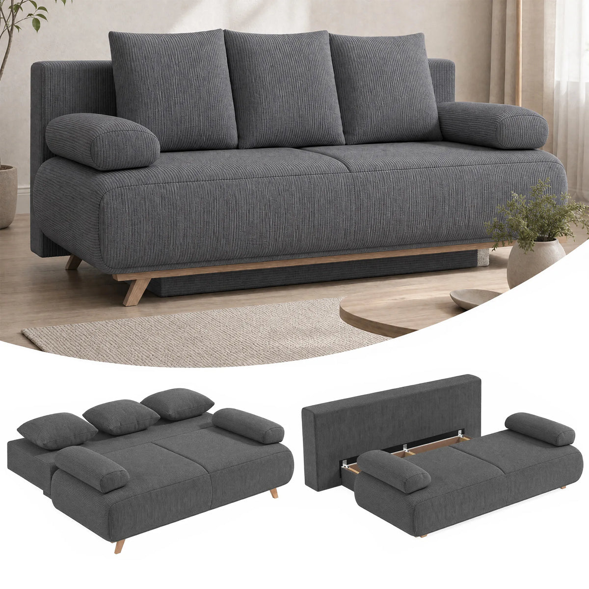 Sofa-lova su patalynės dėže, 3 vietų, pilka