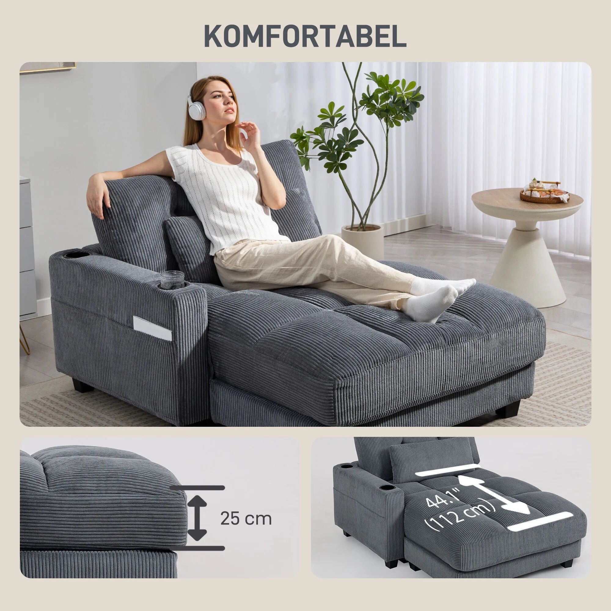Sofa lova su puodelio laikikliu, tamsiai pilka