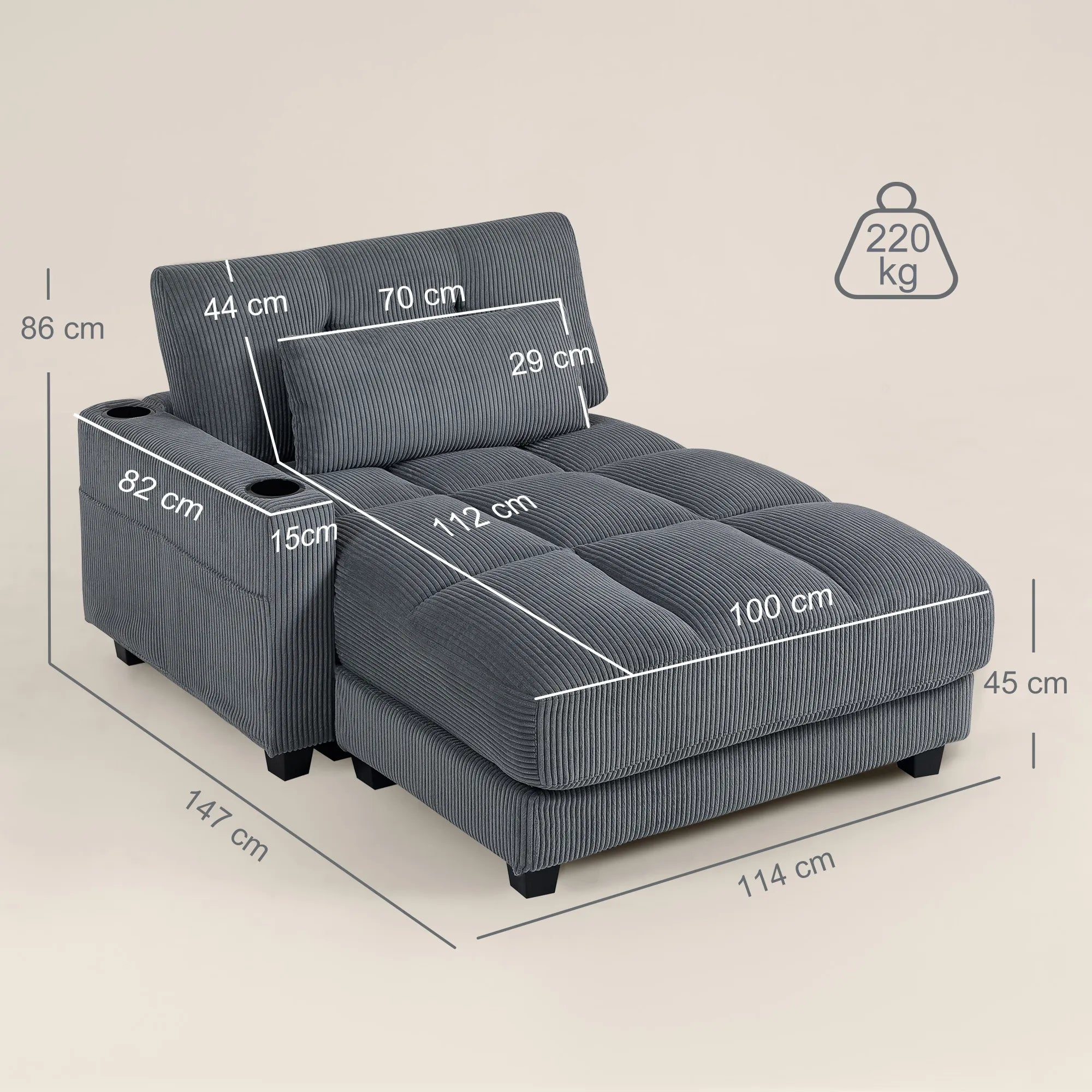 Sofa lova su puodelio laikikliu, tamsiai pilka